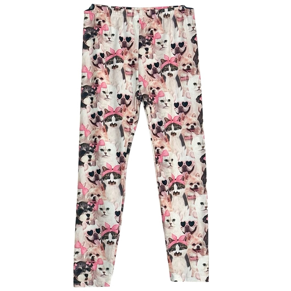 Shein Girl's Pink & White Allover Kittens & Puppies Print Leggings - Size 7